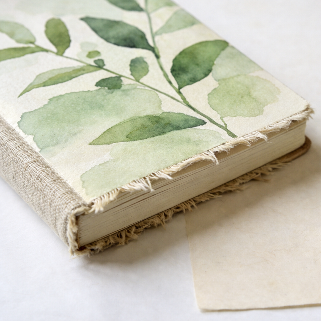 Linen Fabric Botanical Notebook with Fern Illustration